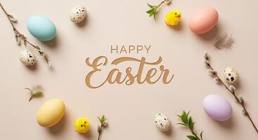 Easter-themed background with a delicate mix of springtime flowers, chocolate eggs, and a cheerful Happy Easter message in artistic lettering photo