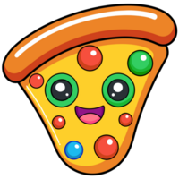 A slice of cartoon-style pizza features a cheerful face with large, expressive eyes and a wide smile cutouts png