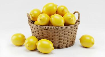 lemons in a basket isolated on white background with shadow. fresh, organic and ripe lemons in a rustic wicker basket. organic lemon fruit during spring and summer time photo