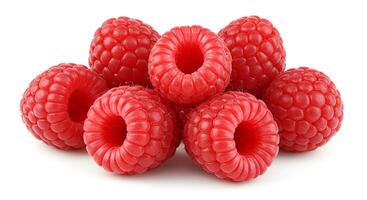 Fresh raspberry isolated on a white background, a vibrant red berry perfect for organic food branding, healthy eating, and fruit-based designs. Raspberries with green leaves vegan vegetarian fruit photo