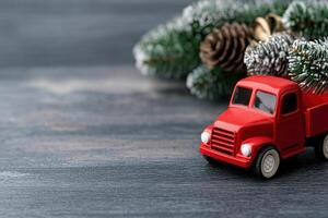 charming red toy truck with Christmas tree and pinecones photo