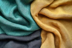 Soft, textured fabric in teal, yellow, and gray colors, creating vibrant look photo