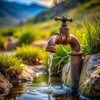 Water flows from a rusty tap into a stream, the contrast between decay and the natural movement of water photo