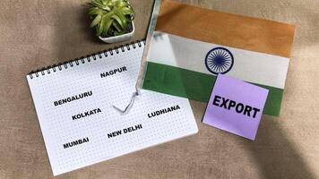 Concept of Export write on sticky notes and Flag of the India isolated on Wooden Table. photo