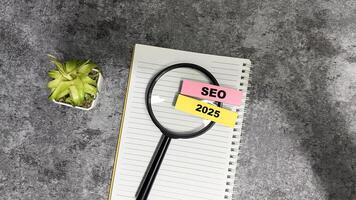 Concept of SEO 2025 write on sticky notes isolated on Wooden Table. photo