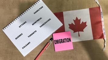 Concept of Emigration write on sticky notes and Flag of the Canada isolated on Wooden Table. photo