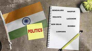 Concept of Politics write on sticky notes and Flag of the India isolated on Wooden Table. photo
