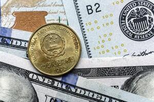 A one dollar coin is sitting on top of a hundred dollar bill photo