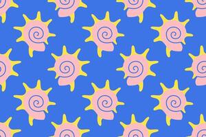 Seamless pattern with pink and yellow sea shells Hand drawn trendy flat style seashell. Tropical beach shells. Summer seamless pattern illustration vector