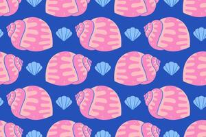Seamless pattern with blue and pink sea shells Hand drawn trendy flat style seashell. Tropical beach shells. Summer seamless cute pattern vector