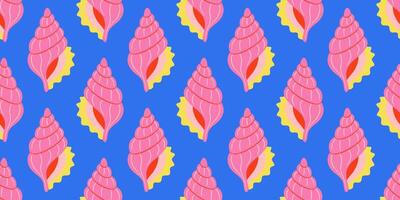 Seamless pattern with pink and yellow sea shells Hand drawn trendy flat style seashell. Tropical beach shells. Summer cute seamless pattern vector