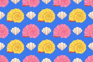 Seamless pattern with pink and yellow sea shells Hand drawn trendy flat style seashell. Tropical beach shells. Summer seamless pattern cheerful illustration vector