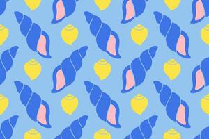 Seamless pattern with blue and yellow sea shells Hand drawn trendy flat style seashell. Tropical beach shells. Summer seamless pattern cheerful illustration vector
