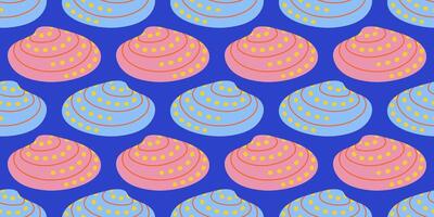 Seamless pattern with blue and pink sea shells Hand drawn trendy flat style seashell. Tropical beach shells. Summer seamless pattern vector