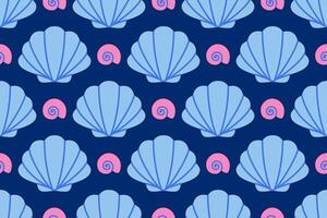 Seamless pattern with blue and pink sea shells Hand drawn trendy flat style seashell. Tropical beach shells. Summer shell seamless pattern vector