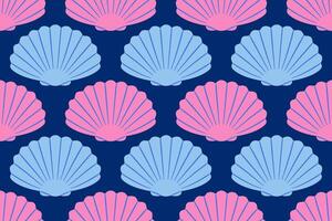 Seamless pattern with blue and pink sea shells Hand drawn trendy flat style seashell. Tropical beach shells. Summer seamless pattern cute illustration vector