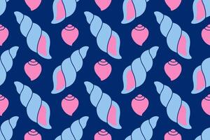 Seamless pattern with blue and pink sea shells Hand drawn trendy flat style seashell. Tropical beach shells. Summer shell seamless pattern cute illustration vector