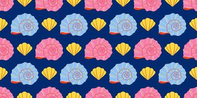 Seamless pattern with blue, pink and yellow sea shells Hand drawn trendy flat style seashell. Tropical beach shells. Summer seamless pattern cheerful illustration vector