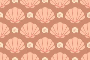 Seamless pattern with pink sea shells Hand drawn trendy flat style seashell. Tropical beach shells. Summer seamless pattern vector