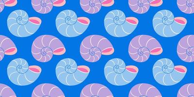 Seamless pattern with blue and lilac seashells Hand drawn trendy flat style seashell. Tropical beach shells. Summer seamless pattern cheerful illustration vector