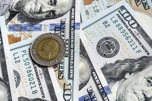 A close up of a dollar bill and a coin photo