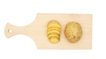 Slices of potato on wooden cutting board isolated on transparent background png