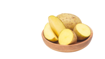 Cut of potatoes on wooden plate isolated on transparent background png