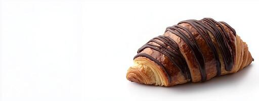 Delicious chocolate croissant drizzled with rich chocolate against a white background, copy space photo