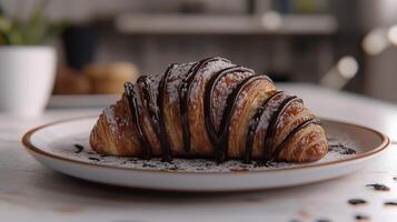 Delicious chocolate croissant drizzled with chocolate on a plate in a softly blurred indoor setting photo