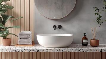 Terrazzo countertop with white round ceramic sink, minimalist modern bathroom, neutral tones photo