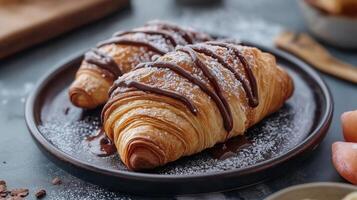 Delicious chocolate-drizzled croissants on a dark plate dusted with powdered sugar photo
