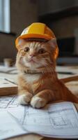 Adorable ginger cat in a construction helmet sitting on architectural blueprints, playful photo
