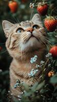 Cute tabby cat gazing at ripe strawberries surrounded by lush greenery and small flowers photo