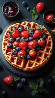 Waffles topped with fresh strawberries, blueberries on a dark background, perfect breakfast photo