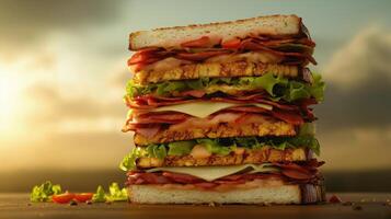Towering sandwich stacked with ham, cheese, lettuce, chicken, and bread against a sunset backdrop photo
