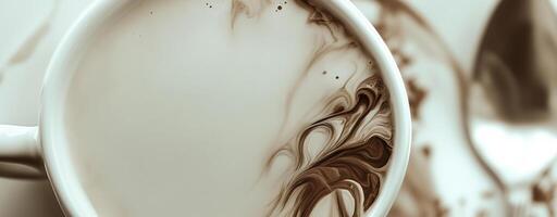 Swirling coffee patterns in a white cup and saucer with a spoon beside it on a table photo