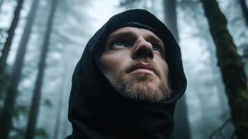 Bearded man in hooded jacket gazing upwards in misty forest, conveying adventure and contemplation photo