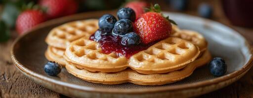 Delicious waffles topped with strawberries, blueberries, and berry jam on plate photo