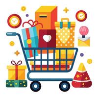 shopping cart with gifts and other items vector