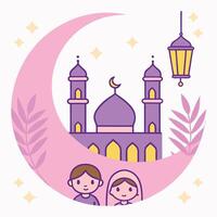 Couple standing in front of a mosque with a crescent moon and lantern. vector