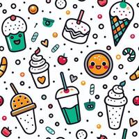 Cute seamless pattern with various desserts and drinks. vector