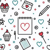 Cute seamless pattern with hearts, cupcakes, and stationery. vector