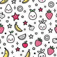 Cute fruit seamless pattern with kawaii faces and hearts on white background. vector