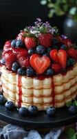 Fluffy pancakes stacked with strawberries, blueberries, and flowers in a mouth-watering breakfast photo
