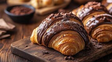 Delicious chocolate croissant topped with cocoa powder on rustic wooden board photo