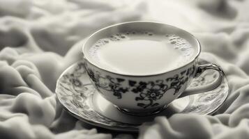 Porcelain teacup filled with frothy milk on a plush fabric surface, white background photo