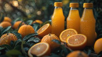 Bottles of orange juice with fresh oranges. Sunlight highlighting freshness and citrus flavor photo