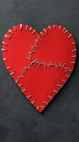 Red heart torn into pieces sewn, thread. Healing and emotional recovery photo