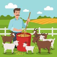 Man Feeding Goats From a Red Bucket on Farm Landscape vector