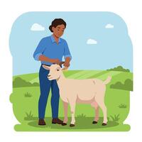 Woman with Goat on Farm Examining Ear Tag in Field vector